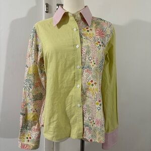 FlatIron Workshop Button-Up Top Sz 3 Long Sleeve Green Pink Trees Stripe Preppy